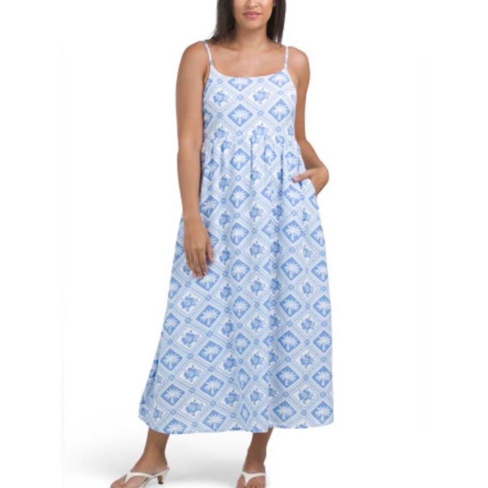 Blue Palm Tree Tile-Print Spaghetti-Strap Maxi Dress.
